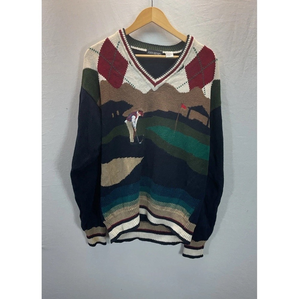 VTG John Henry Golf Knit Sweater MENS‎ LG Country Club Scenic Novelty AOP